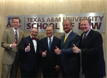 From left to right: A&M Law Interim Dean Aric Short, A&M President Bowen Loftin, Dee J. Kelly, A&M Chancellor John Sharp and Chairman Phil Adams of the A&M Board of Regents after the unveiling of the law school's new sign.