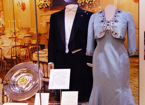 The attire for President George and First Lady Laura Bush at a White House dinner honoring Queen Elizabeth II in May of 2007.