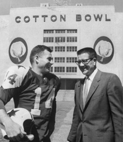Circa 1960s - Quarterback of Dallas Cowboys team, Eddie Lebaron (L) with Clint Murchison (R) in front of the Cowboys' original home 